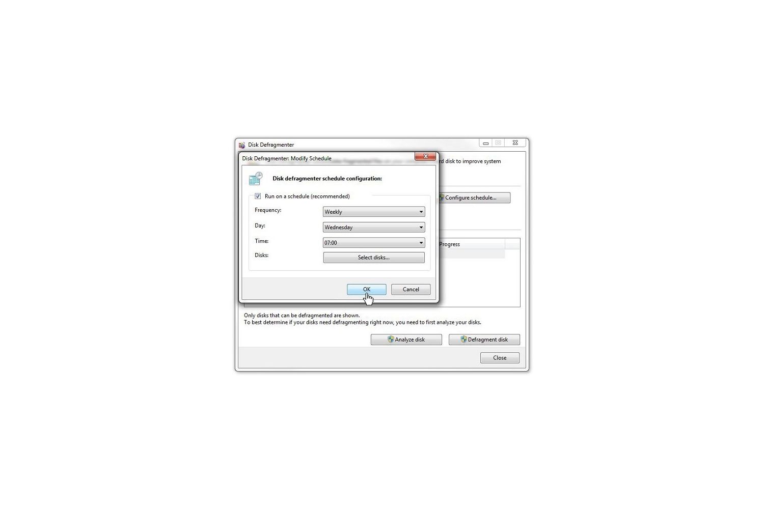 Windows 7 磁碟重組工具:修改排程彈跳式視窗
