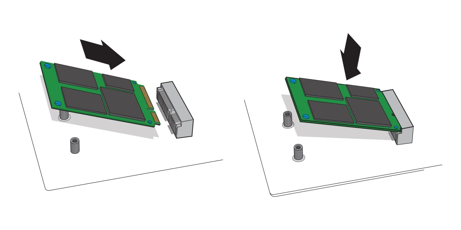 mSATA SSD 插入桌上型電腦主機板 mSATA 插槽的示意圖