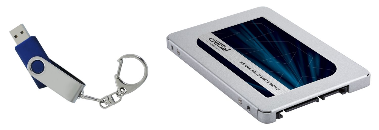 非揮發性儲存的兩個例子包括 USB 隨身碟和 Crucial SSD