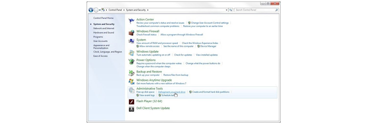 在 Windows 7 的系統及安全性彈出視窗中,將滑鼠游標放在重組您的硬碟連結上
