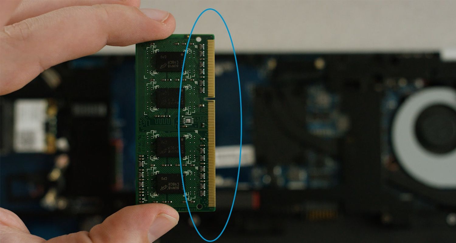 某人手持 Crucial RAM 模組,以及圈起的金色針腳處